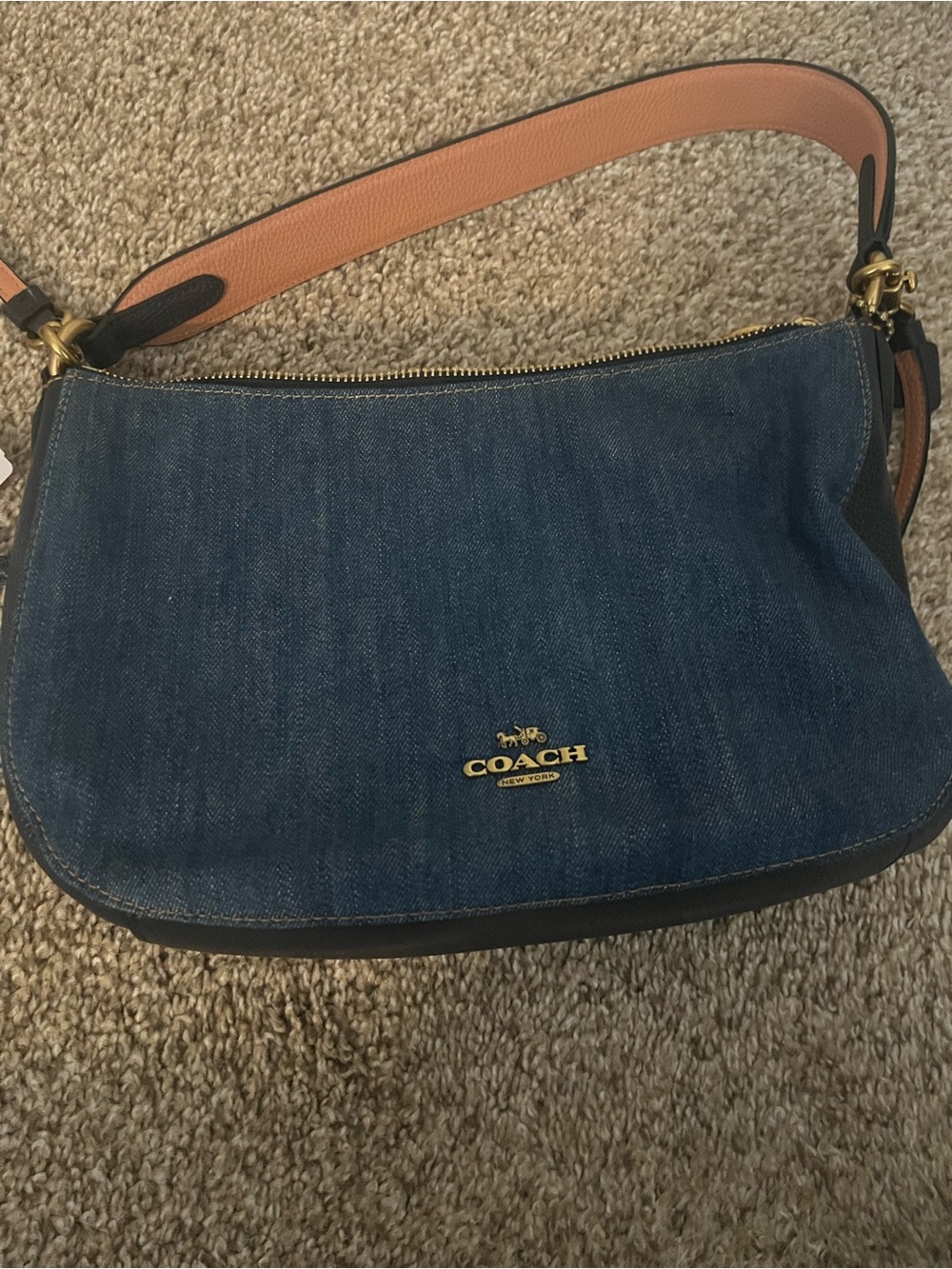 Coach Blue Denim Shoulder Bag with Tan Strap